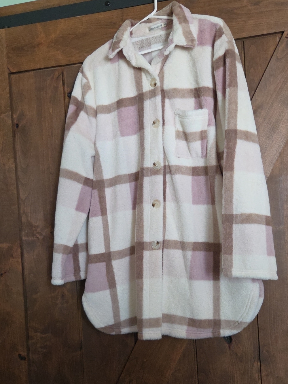 Womens Plush Button-Up Sweater Coat   - Pink & Cream Plaid